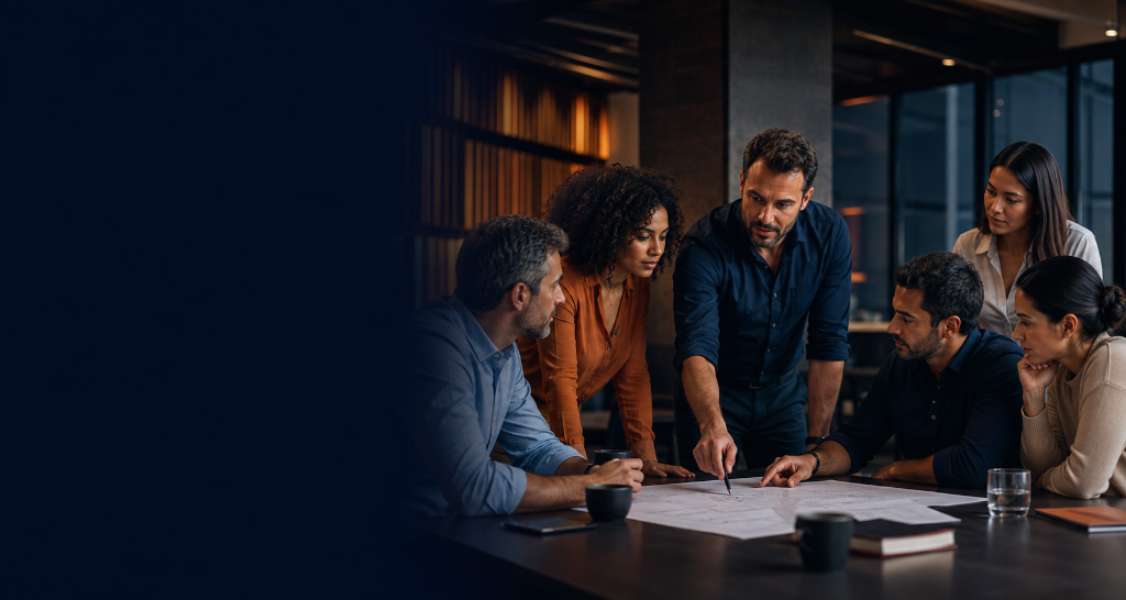 Equipe de líderes e empresários do Programa LIDERAR analisando estratégias